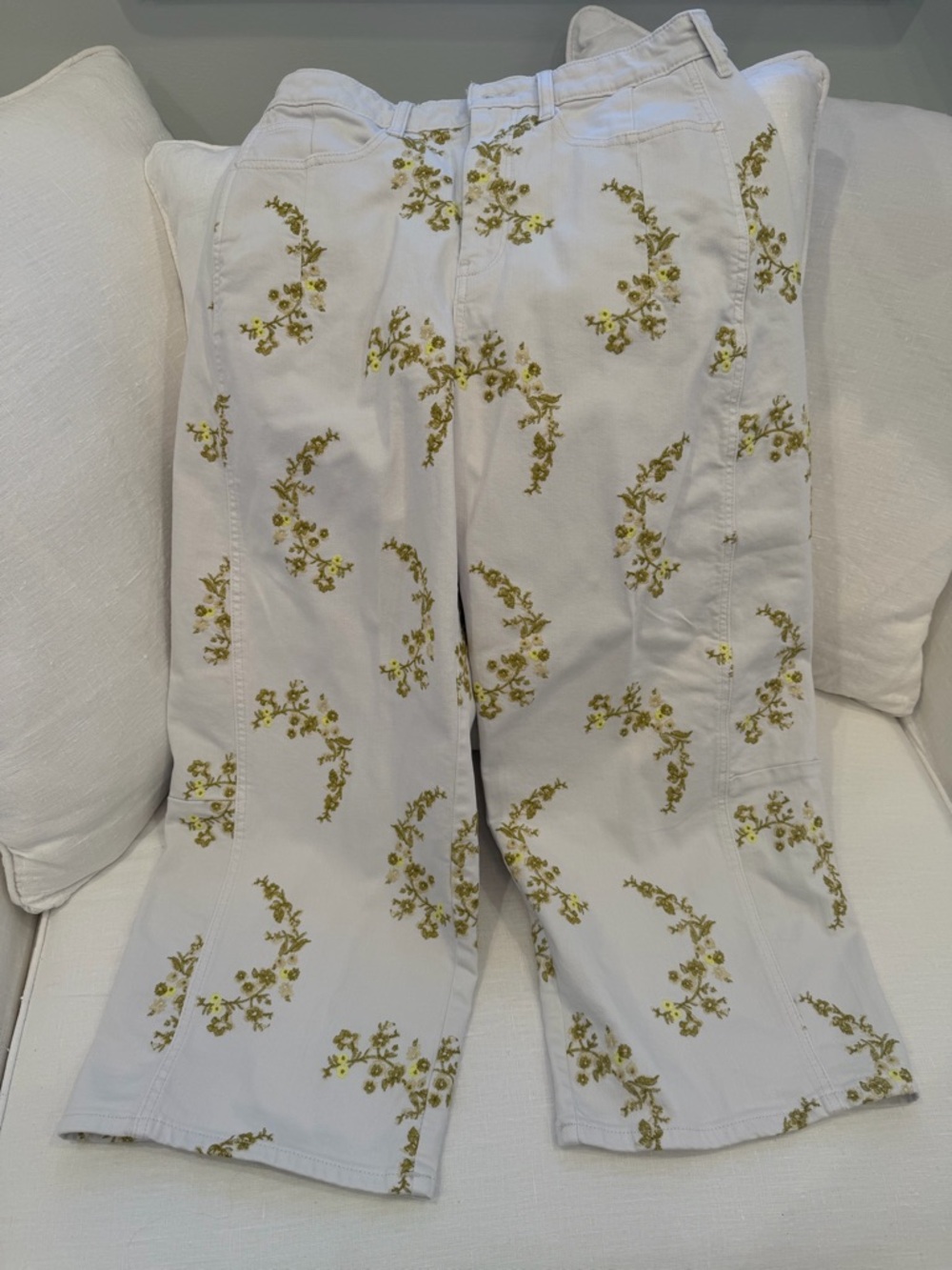 Anthropologie cream barrel Pants with Yellow/green Floral Embroidery - Picture 6 of 16